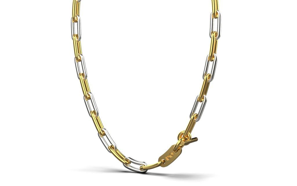 Linear Link Curved Necklace – 18K Gold, Rhodium Plated Sterling Silver Linear Link Curved Necklace – 18K Gold, Rhodium Plated Sterling Silver
