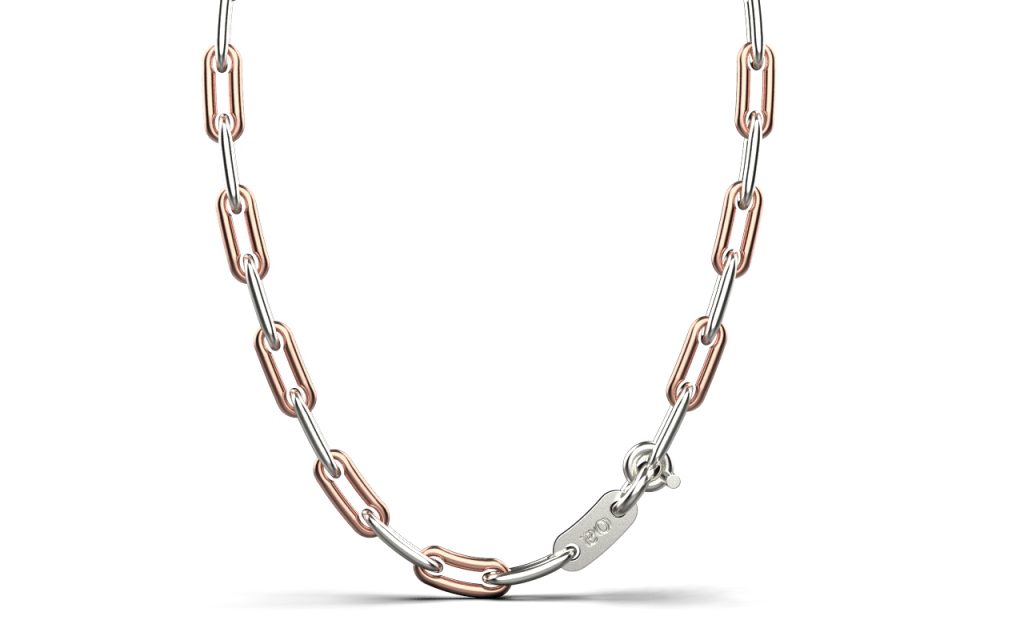 Linear Link Curved Necklace – 18K Rose Gold, Rhodium Plated Sterling Silver