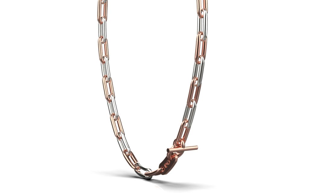 Linear Link Curved Necklace – 18K Rose Gold, Rhodium Plated Sterling Silver